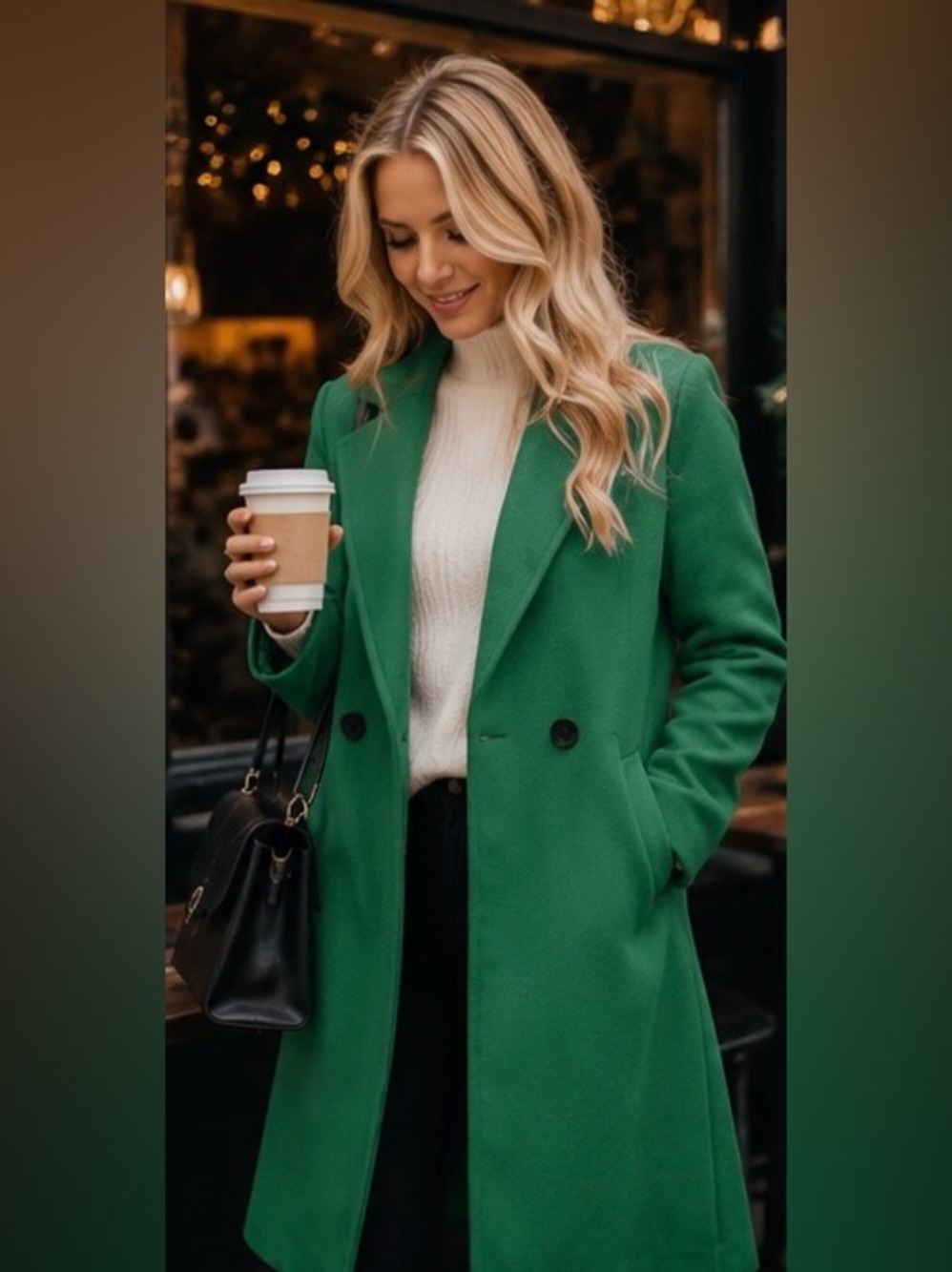Tanming Women’s Green Wool Blend Long Pea Coat Trench Coat Size Large SFH - Picture 3 of 6